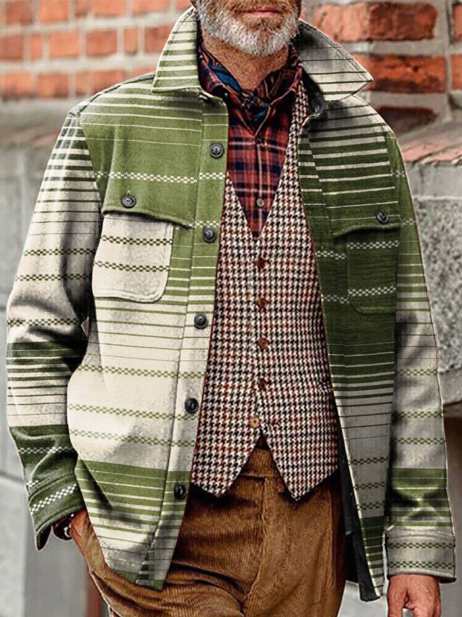 Men BXL Jacket | Men'S Casual Lapel Gradient Stripe Print Double Pocket Jacket 63130935Xl