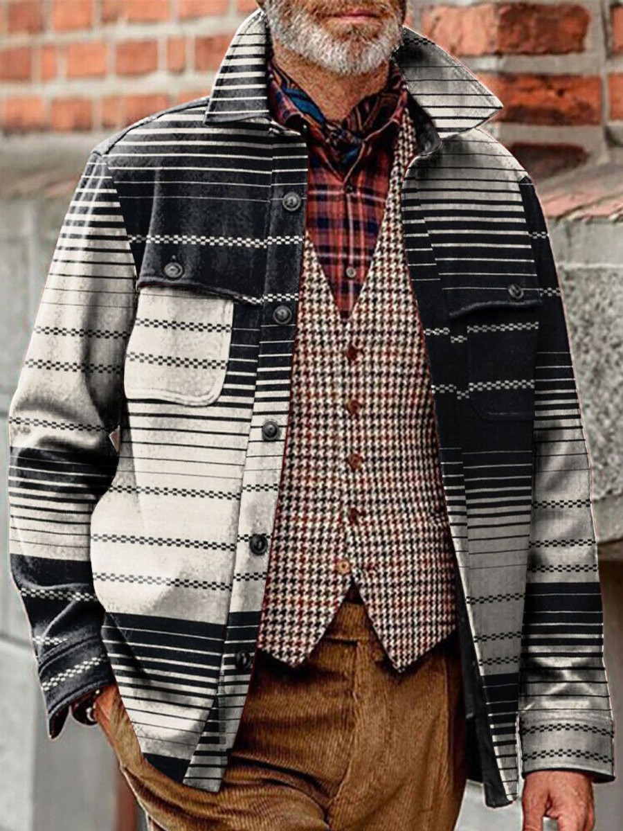 Men BXL Jacket | Men'S Casual Lapel Gradient Stripe Print Double Pocket Jacket 63130935Xl