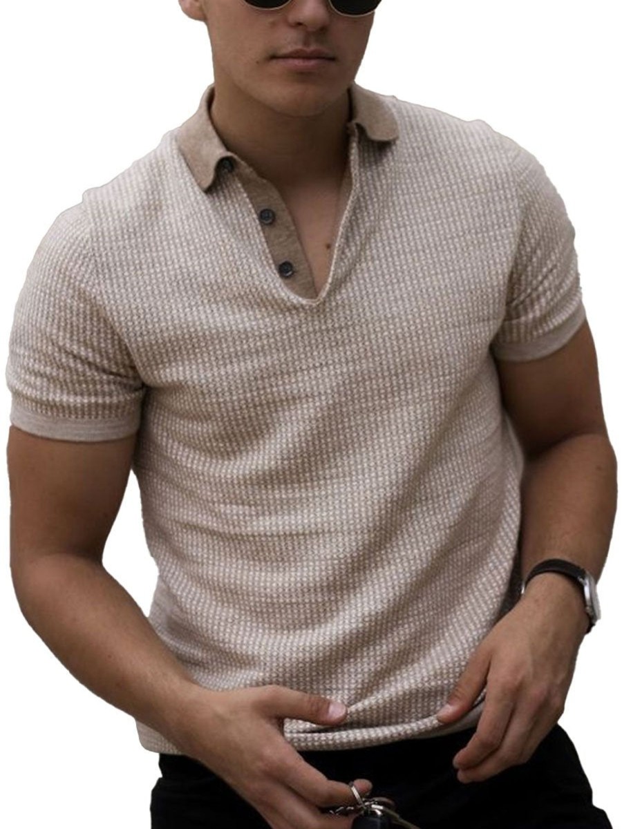 Men BXL Casual Shirts | Men'S Knitted Polo Collar Short Sleeve T-Shirt Beige