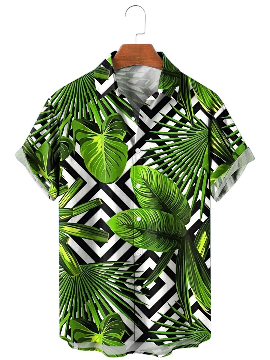 Men MW Shirts | Men'S Hawaiian Printed Lapel Short Sleeve Shirt 54811764M Green