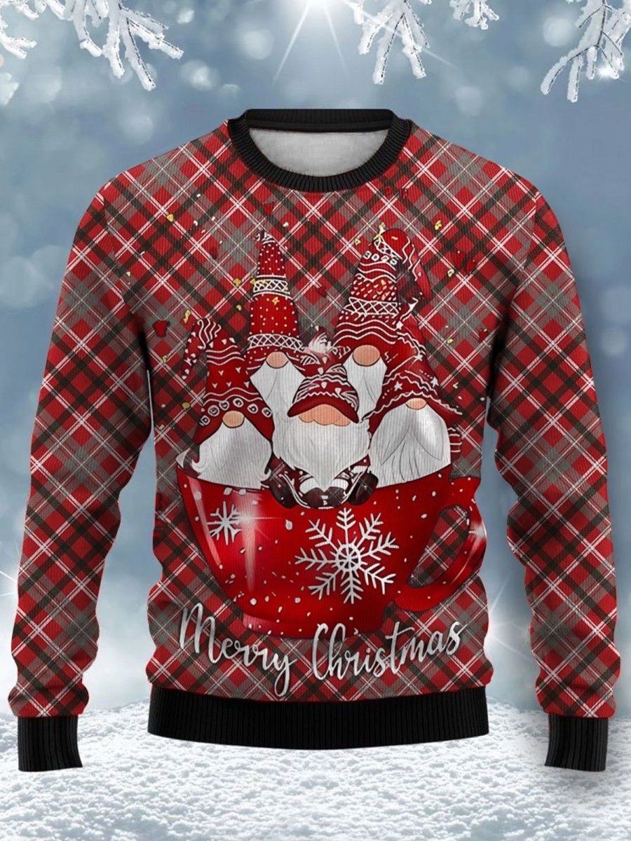 Men GYJ Ugly Sweater | Santa Claus Checke Print Casual Crew Neck Sweatshirt Red