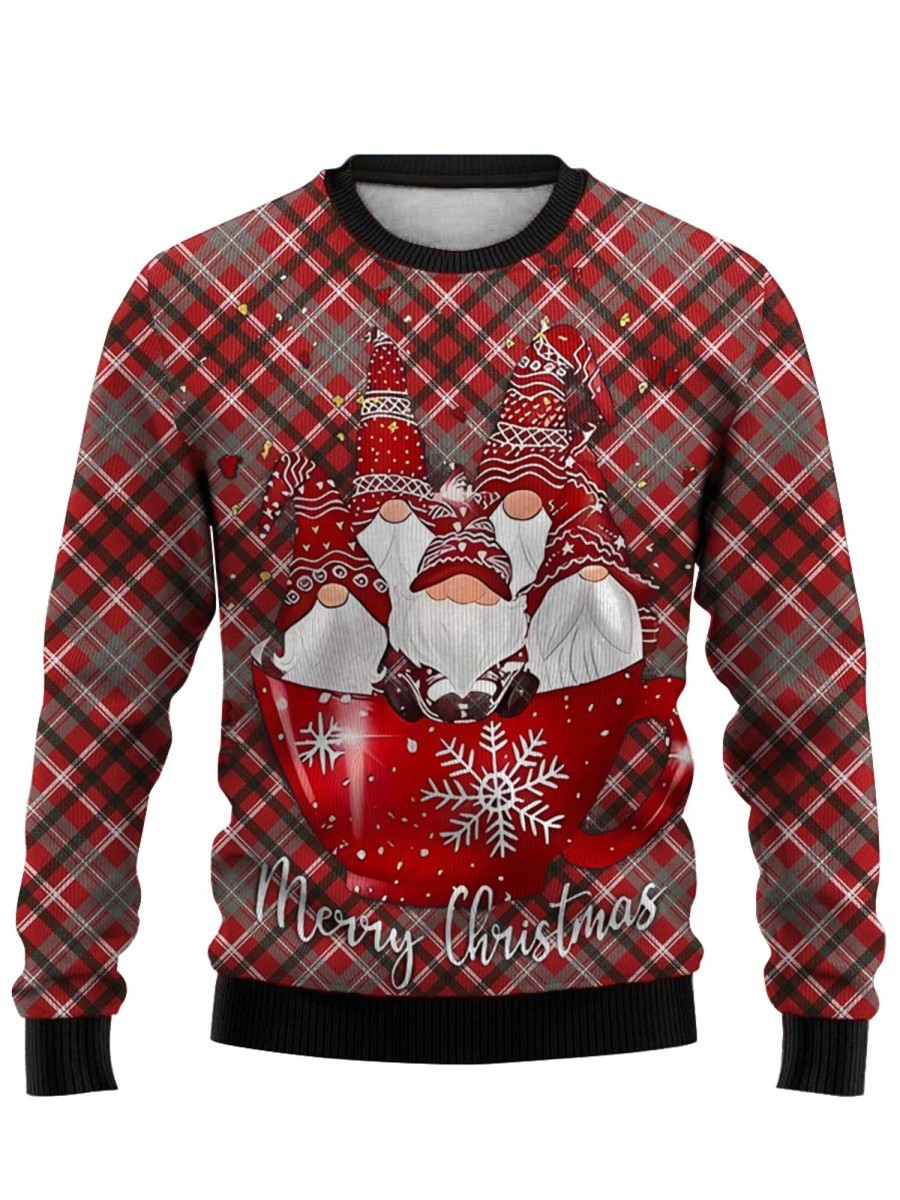 Men GYJ Ugly Sweater | Santa Claus Checke Print Casual Crew Neck Sweatshirt Red