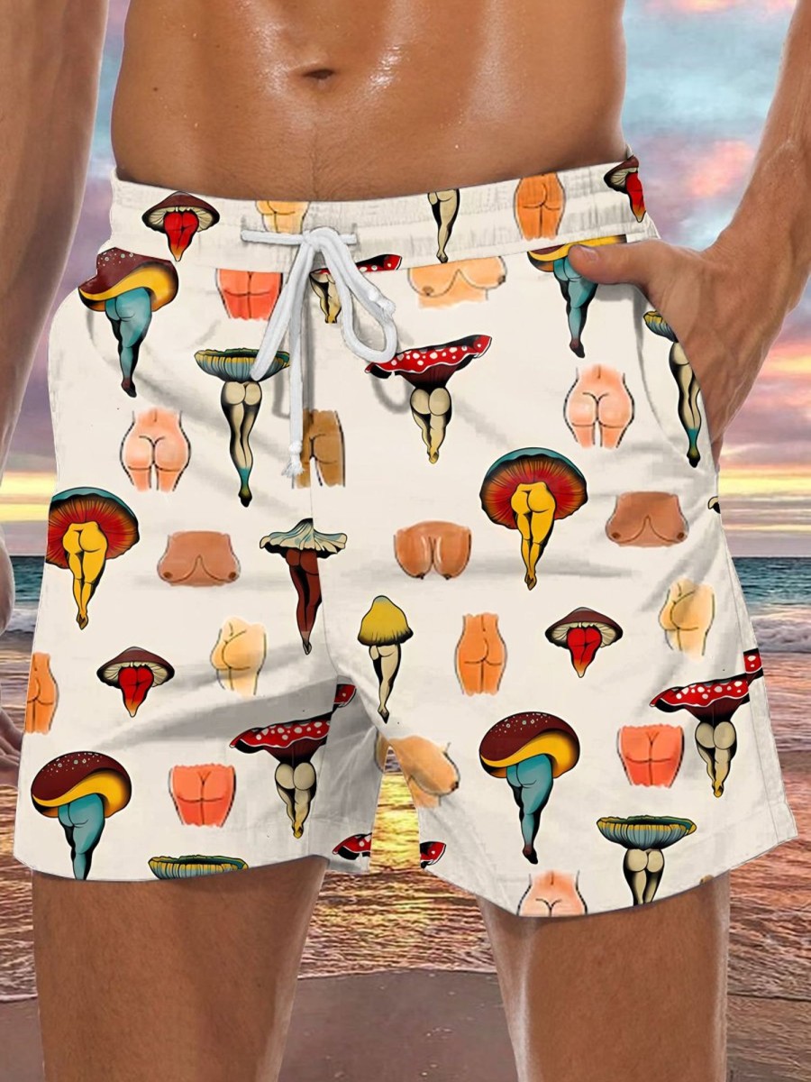 Men DJ Bottoms | Fun Mushroom And Boobs And Butt Print Pocket Tie Track Shorts Khaki