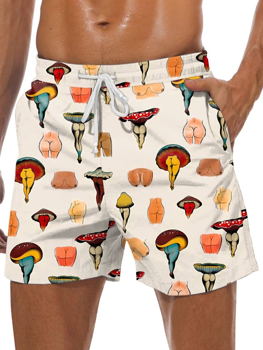 Men DJ Bottoms | Fun Mushroom And Boobs And Butt Print Pocket Tie Track Shorts Khaki