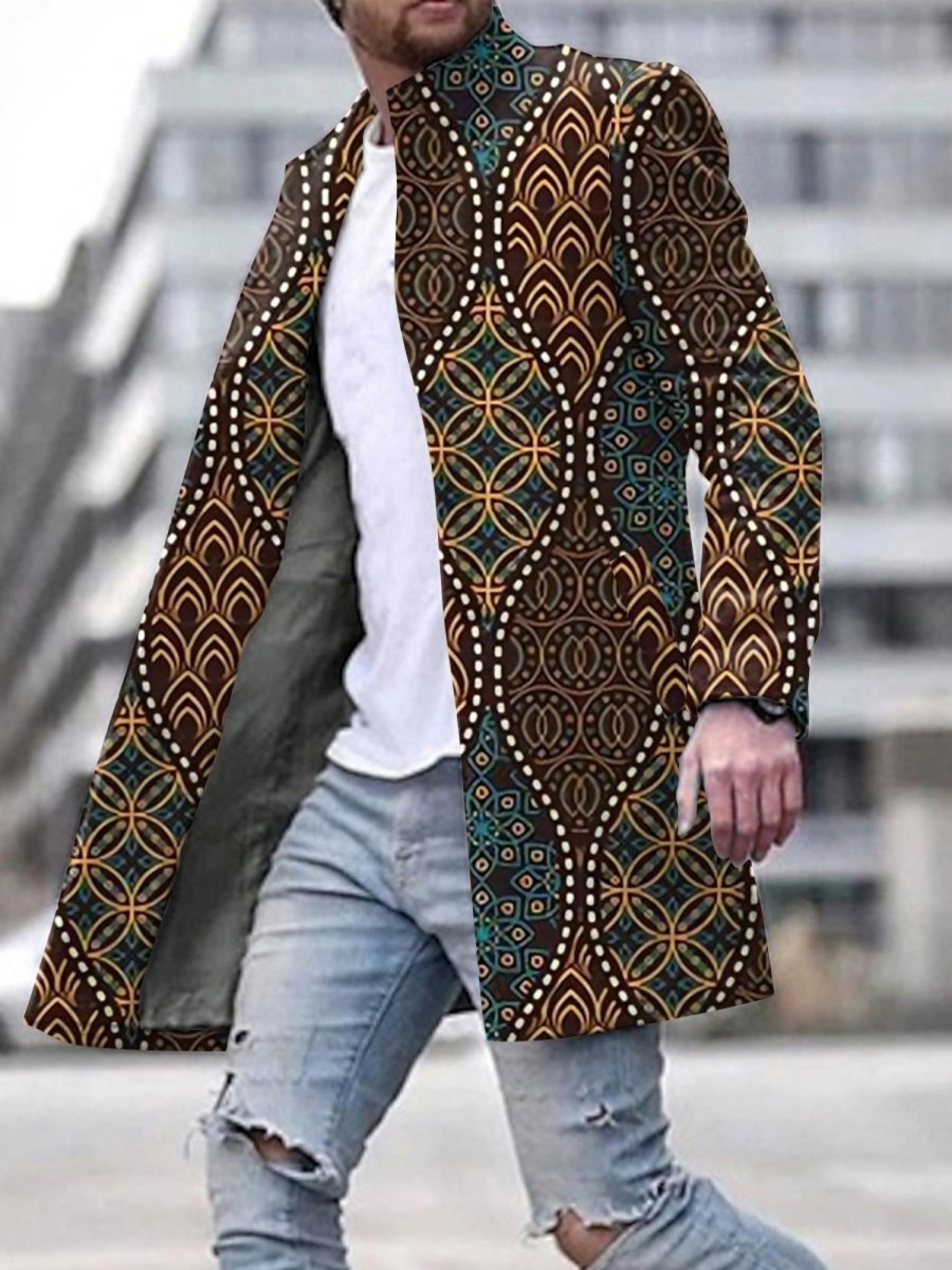 Men LJC Jacket | Single-Breasted Double-Pocket Jacket With Vintage Pattern Print Photo Color