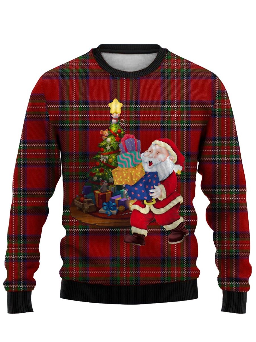 Men GYJ Ugly Sweater | Santa Claus Print Crewneck Sweatshirt Red