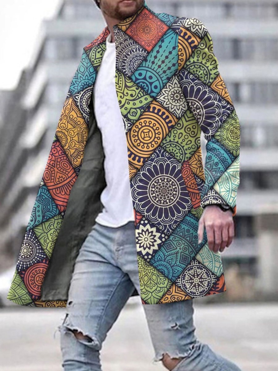 Men DJ Jacket | Ethnic Retro Print Pocket Single-Breasted Stand Collar Jacket Photo Color