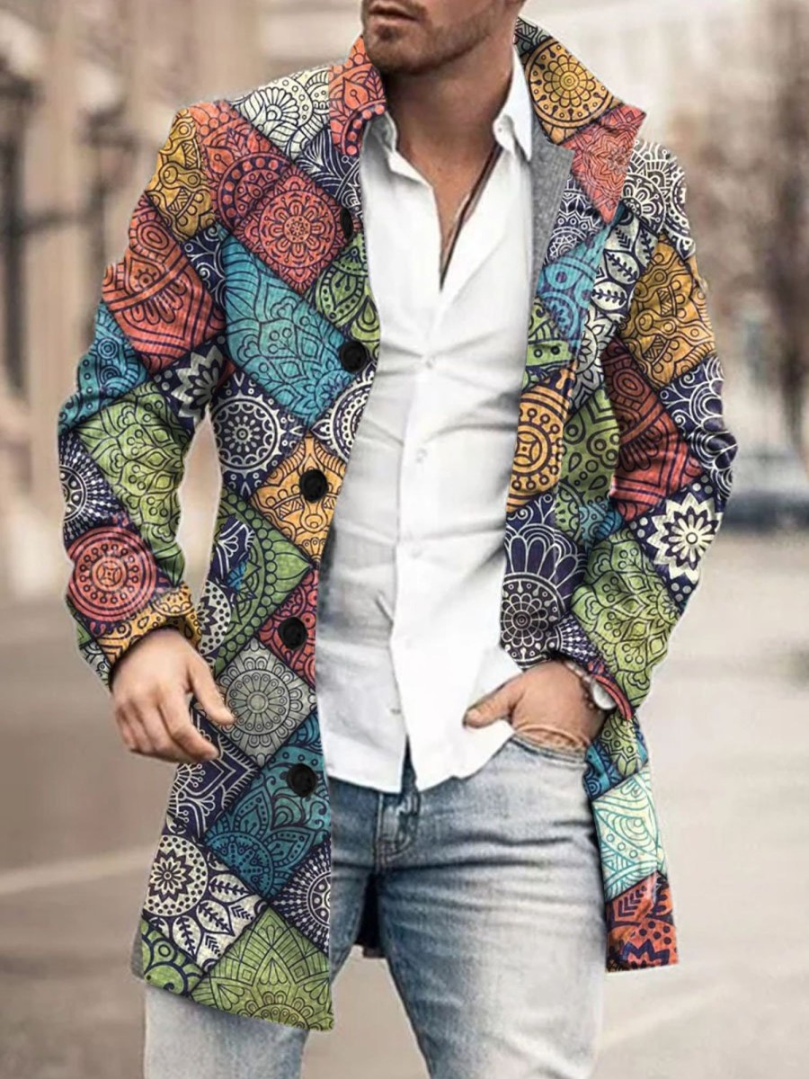 Men DJ Jacket | Ethnic Retro Print Pocket Single-Breasted Stand Collar Jacket Photo Color