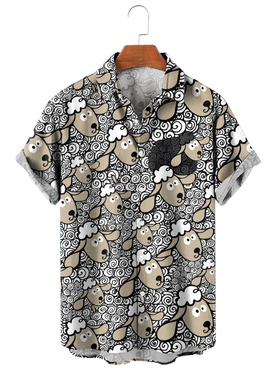 Men HLJ Shirts | Men'S Special Black Sheep Print Short Sleeve Shirt Khaki