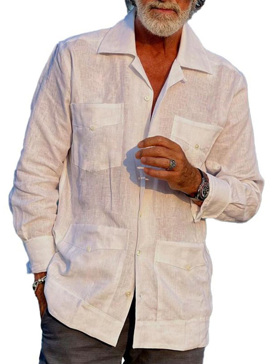 Men QMY Casual Shirts | Casual Lightweight Vacation Lapel Shirt White