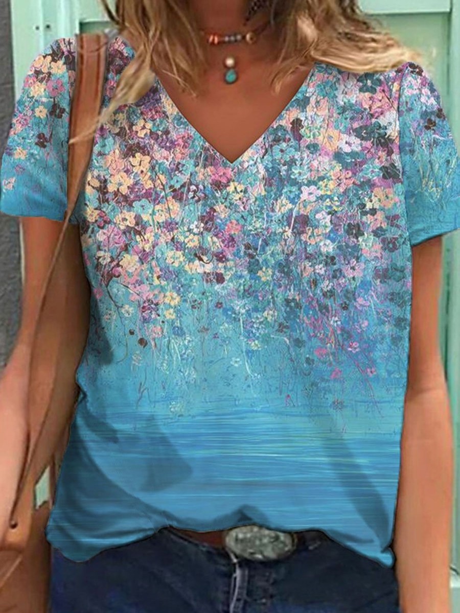 Women DJ | V-Neck Oil Painting Floral Print Casual Cotton Short Sleeve T-Shirt Photo Color