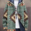 Men DJ Jacket | Vintage Ethnic Printed Fleece Hooded Cardigan Dark Green