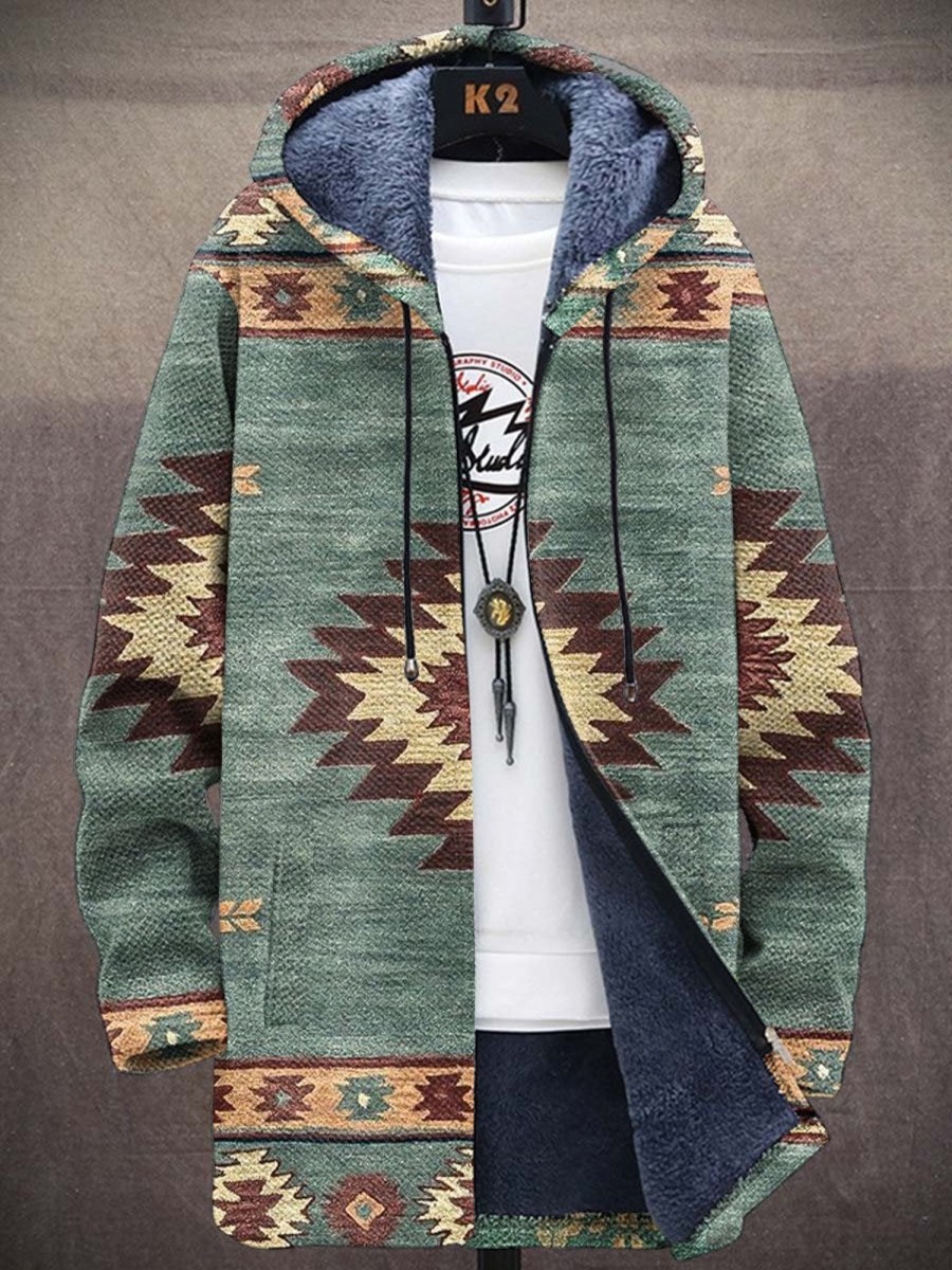 Men DJ Jacket | Vintage Ethnic Printed Fleece Hooded Cardigan Dark Green