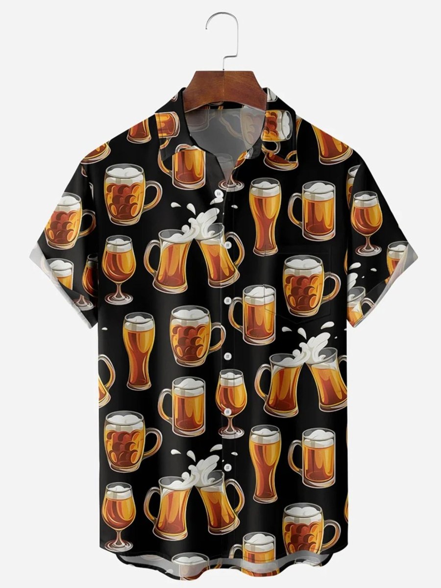 Men HLJ Shirts | Beer Breast Pocket Short Sleeve Easy Care Aloha Shirt Black