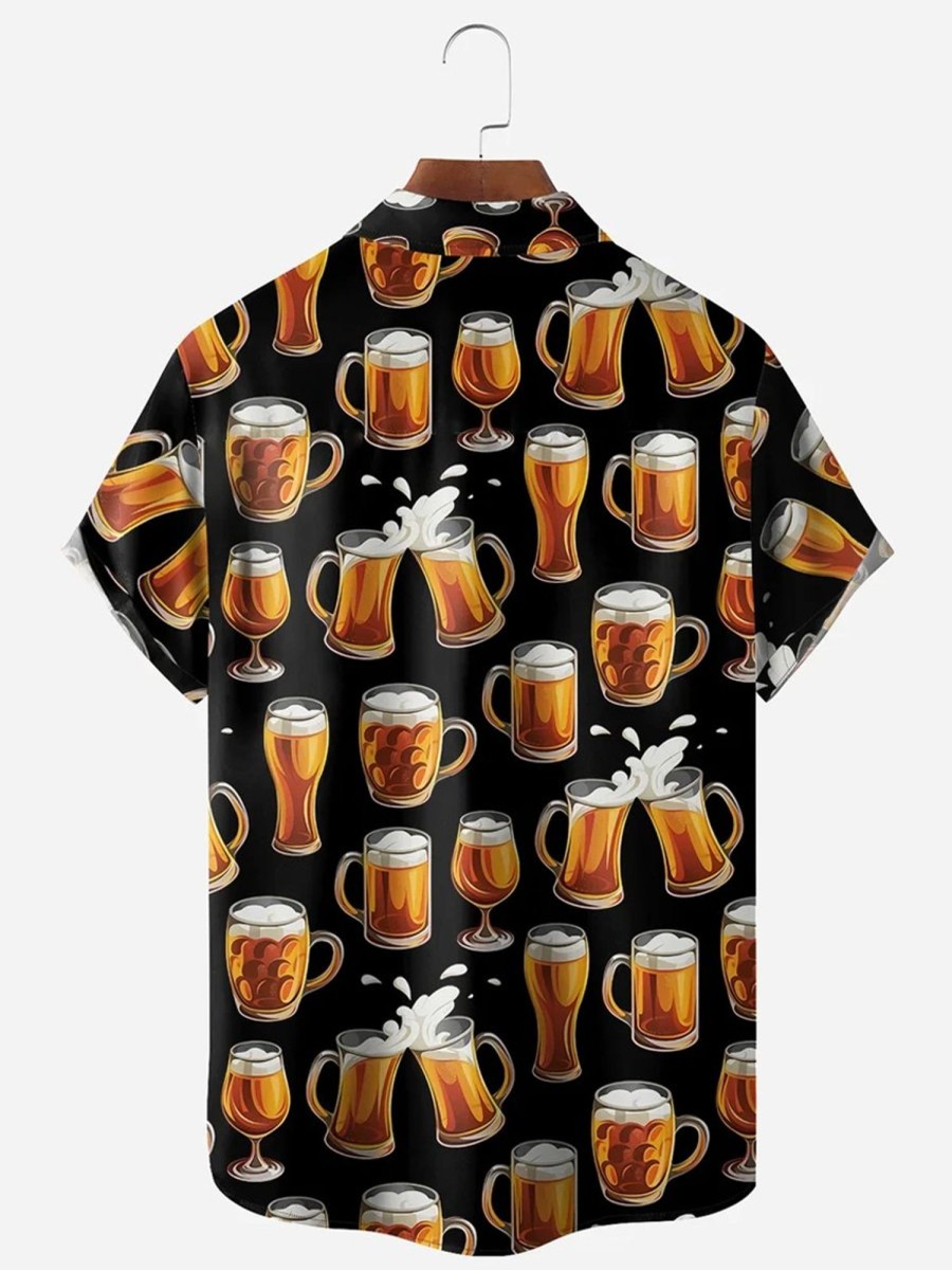 Men HLJ Shirts | Beer Breast Pocket Short Sleeve Easy Care Aloha Shirt Black