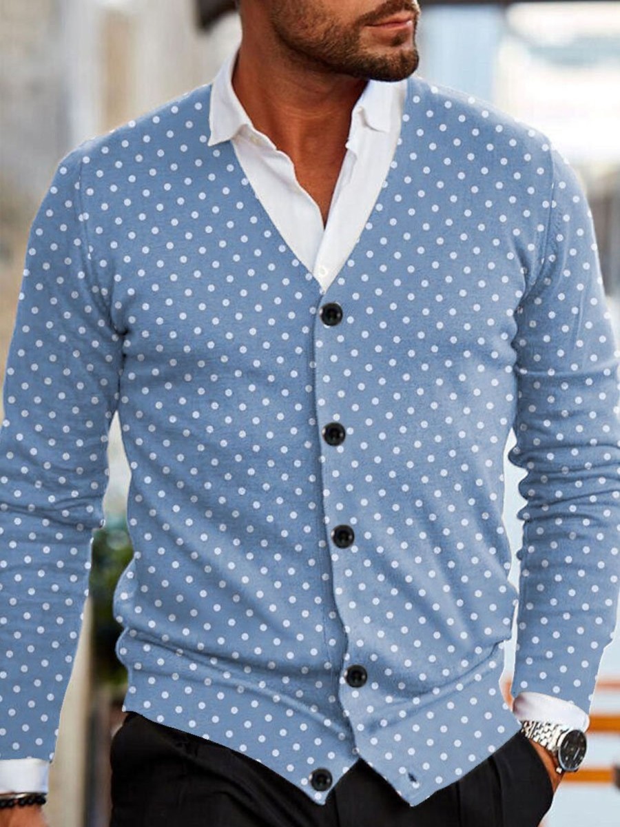 Men DJ Print Cardigan | Retro Polka Dot Print V-Neck Knitted Cardigan Blue