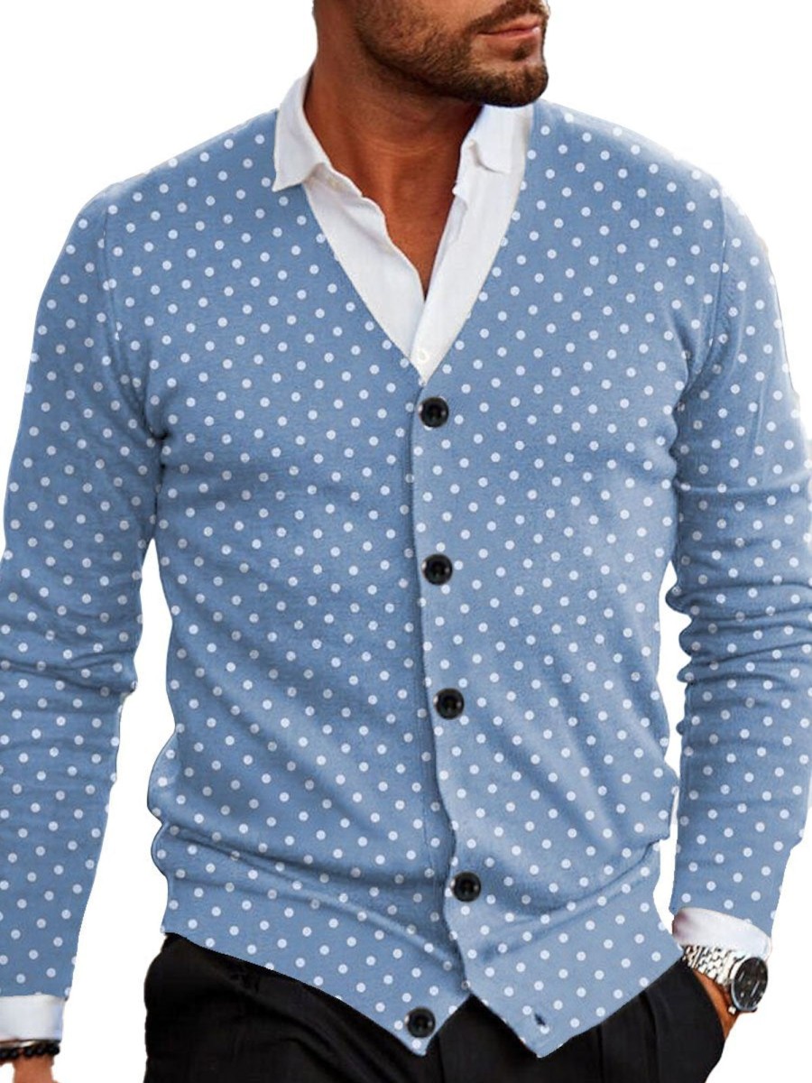 Men DJ Print Cardigan | Retro Polka Dot Print V-Neck Knitted Cardigan Blue