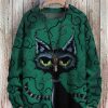 Men DJ Print Sweater | Halloween Black Cat Art Print Casual Sweatshirt Photo Color