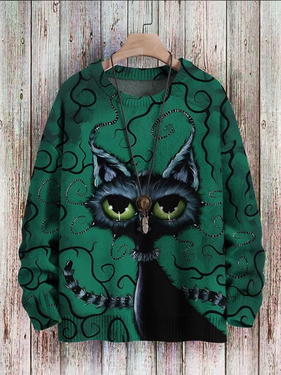 Men DJ Print Sweater | Halloween Black Cat Art Print Casual Sweatshirt Photo Color