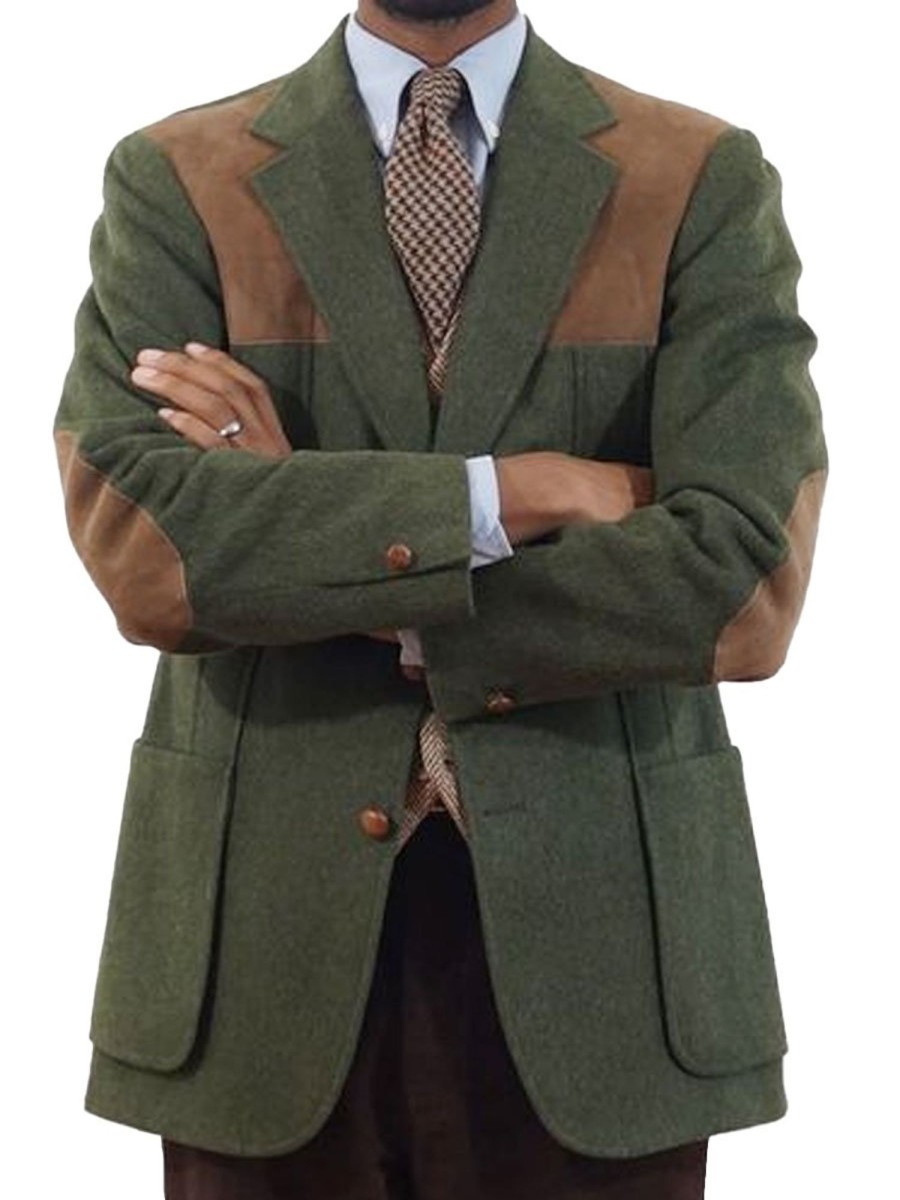 Men BXL Jacket | Vintage Wool Suede Patchwork Lapel Casual Coat Blazer Army Green