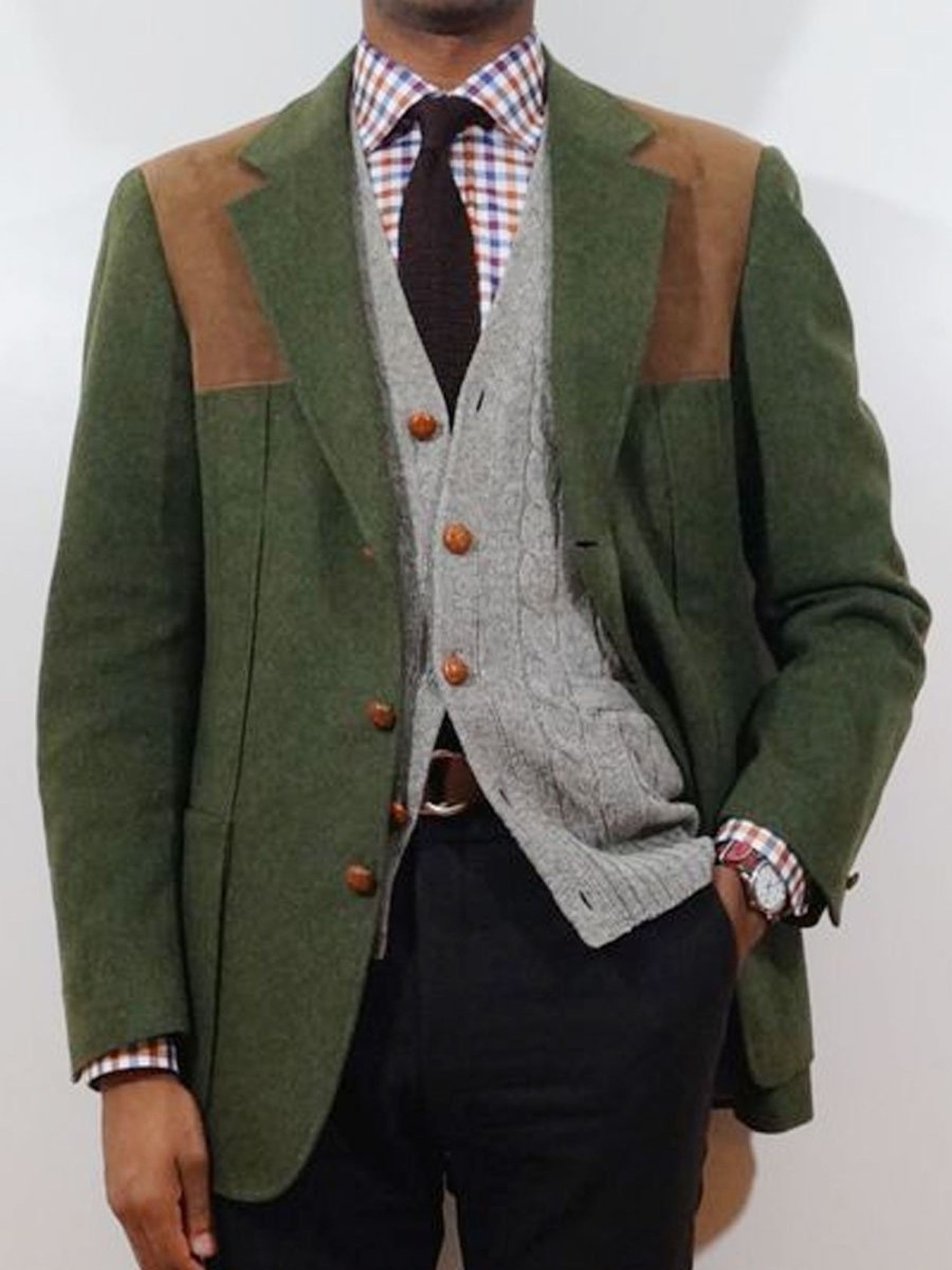 Men BXL Jacket | Vintage Wool Suede Patchwork Lapel Casual Coat Blazer Army Green