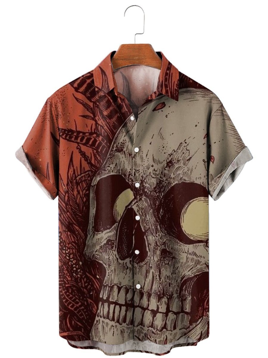 Men HLJ Shirts | Men'S Character Skull Art Short Sleeve Shirt Orange