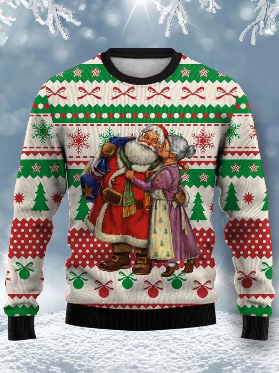 Men GYJ Ugly Sweater | Santa Couple Print Casual Crew Neck Sweatshirt Photo Color