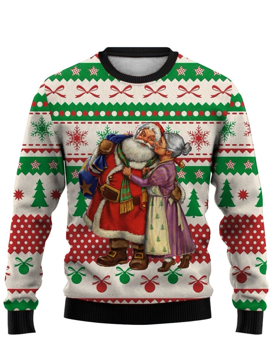 Men GYJ Ugly Sweater | Santa Couple Print Casual Crew Neck Sweatshirt Photo Color