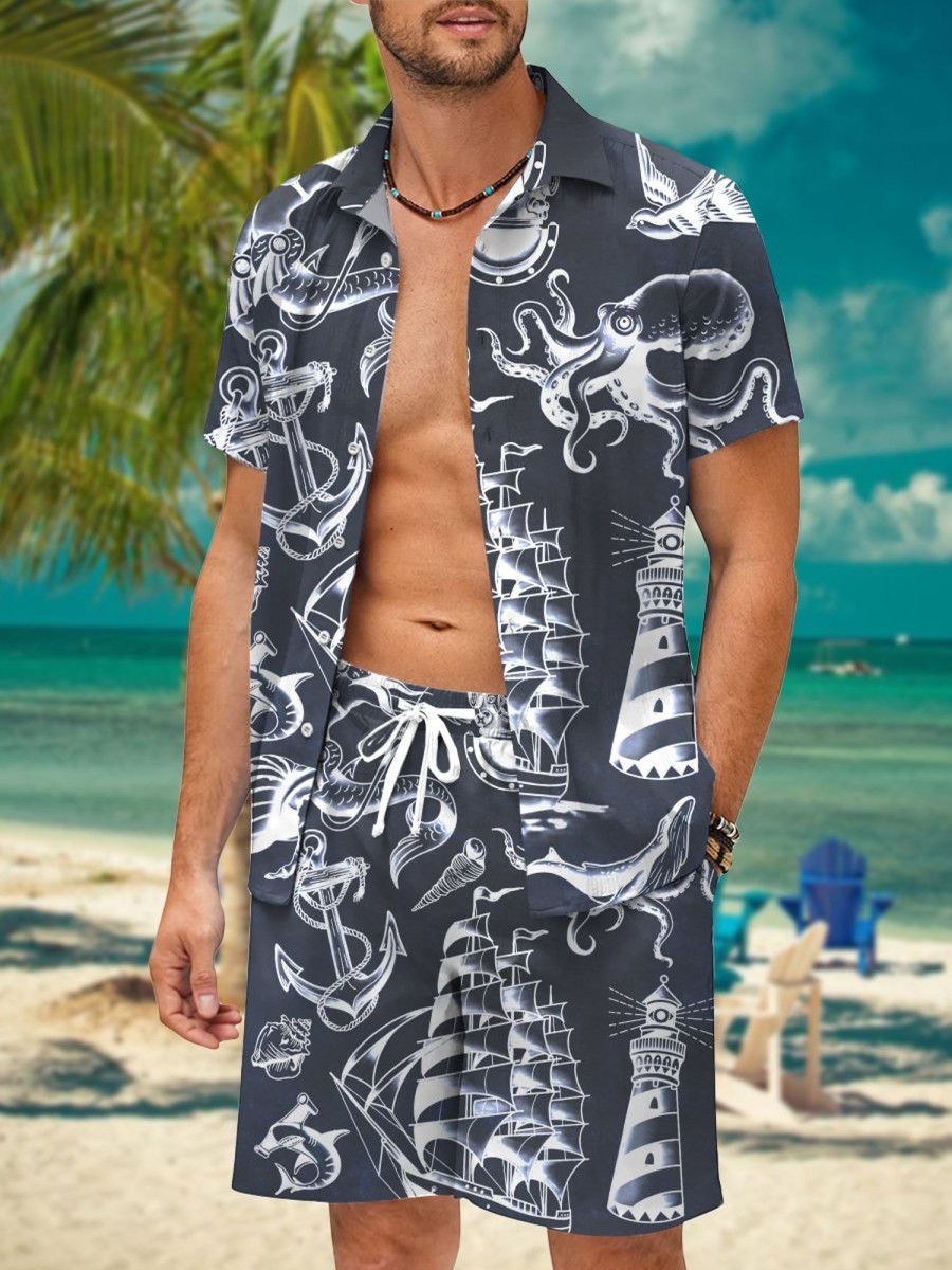 Men HWT Set | Men'S Sets Holiday Vintage Nautical Tattoo Print Two Piece Sets