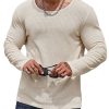 Men DJ Casual Long Sleeve Shirts | Solid Color Round Neck Waffle Casual Long-Sleeved T-Shirt Beige