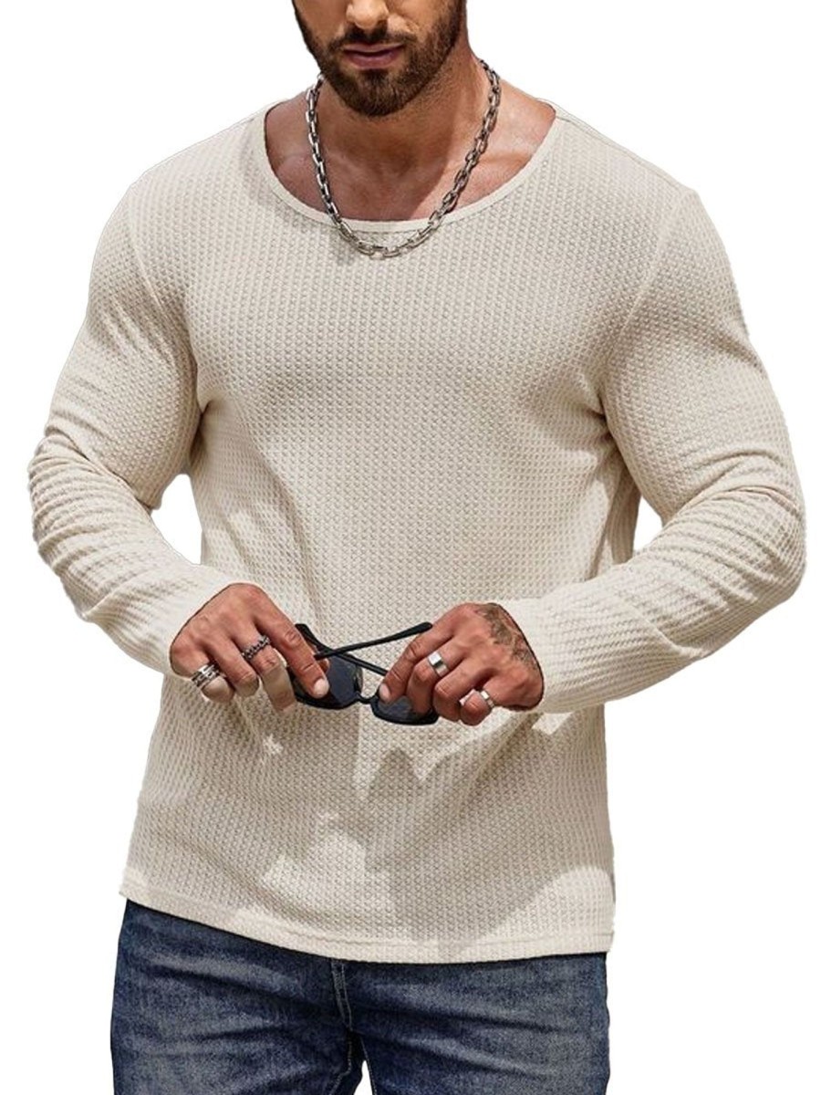 Men DJ Casual Long Sleeve Shirts | Solid Color Round Neck Waffle Casual Long-Sleeved T-Shirt Beige