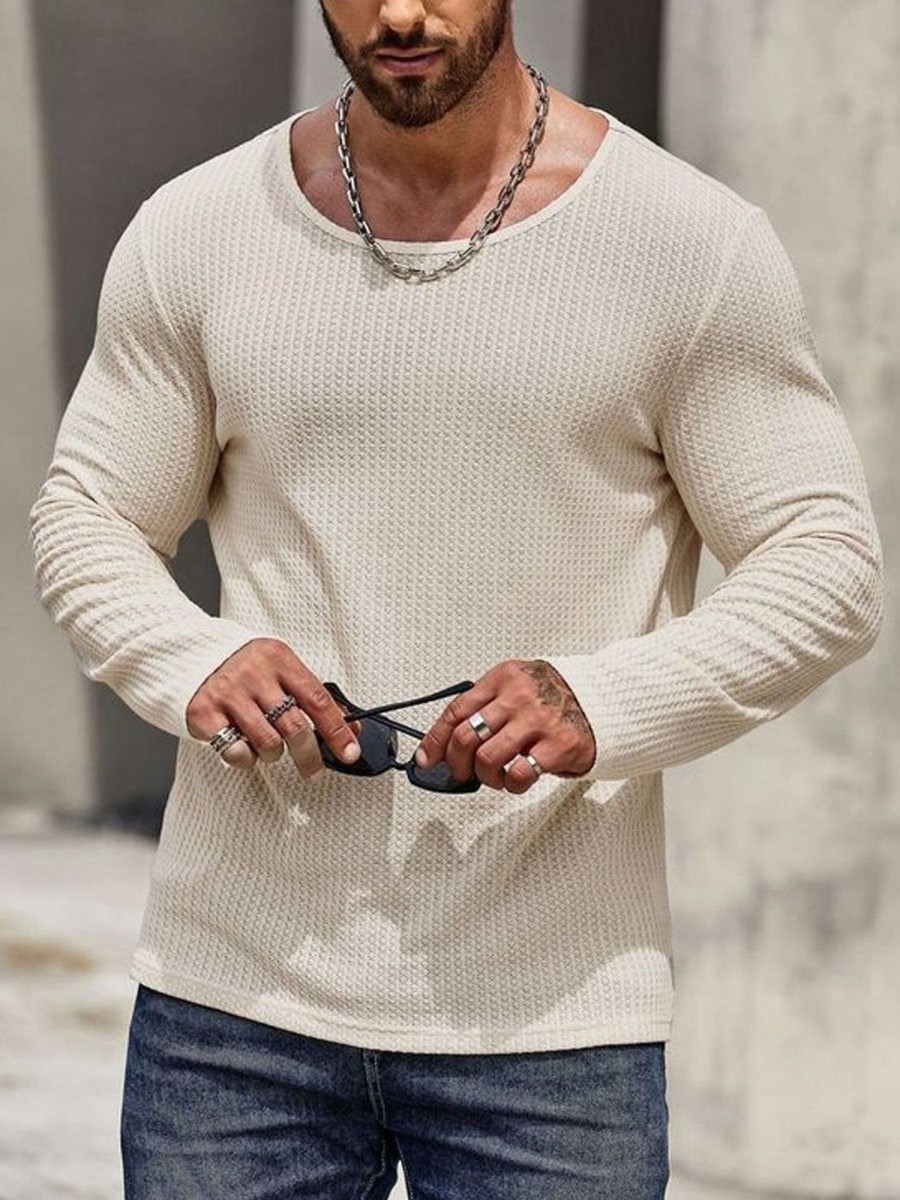 Men DJ Casual Long Sleeve Shirts | Solid Color Round Neck Waffle Casual Long-Sleeved T-Shirt Beige