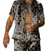 Men DJ Set | Retro And Gold Line Print Short-Sleeved Shirt And Shorts Two-Piece Set Black