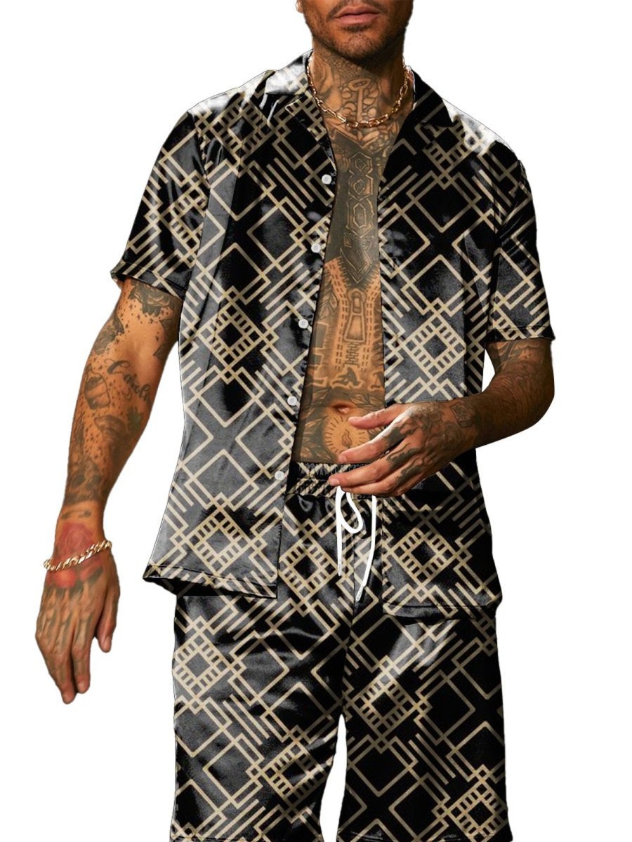 Men DJ Set | Retro And Gold Line Print Short-Sleeved Shirt And Shorts Two-Piece Set Black