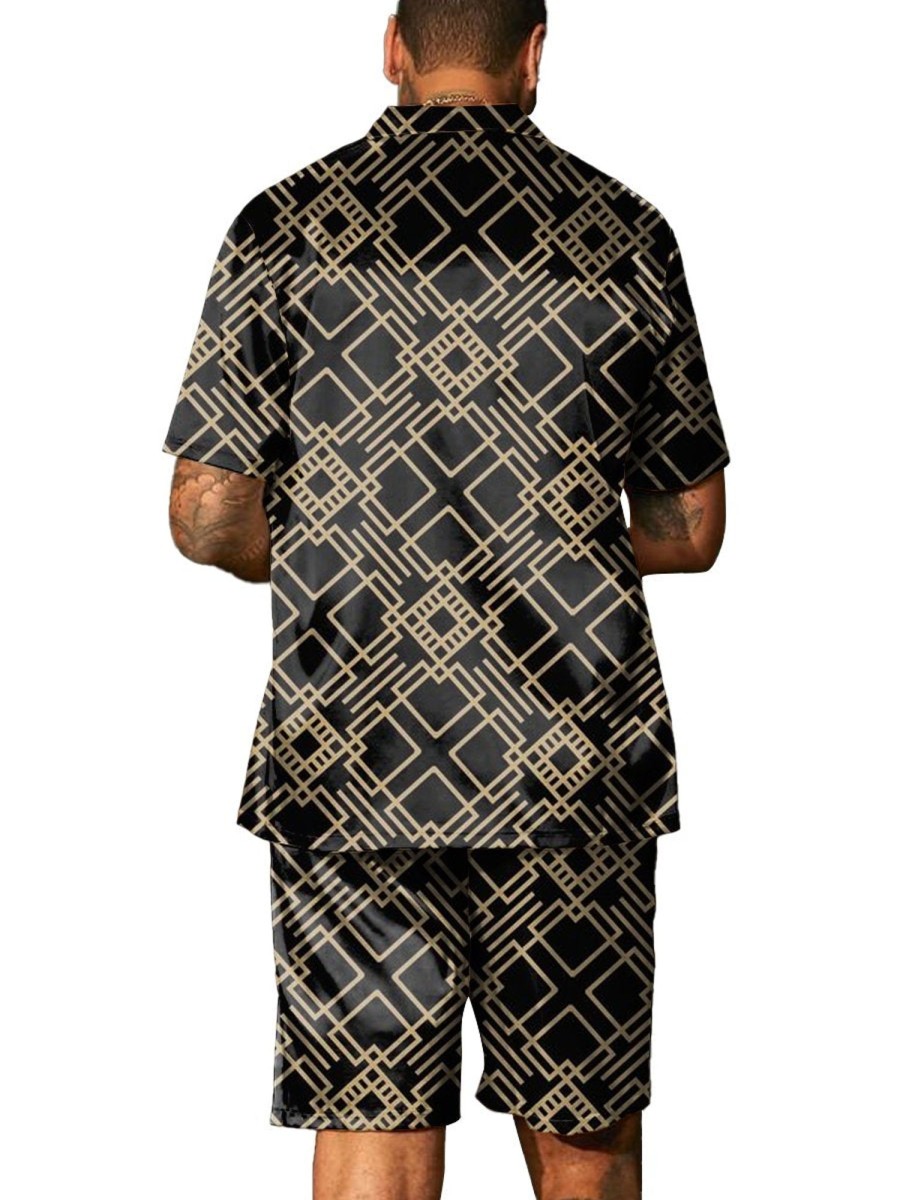 Men DJ Set | Retro And Gold Line Print Short-Sleeved Shirt And Shorts Two-Piece Set Black