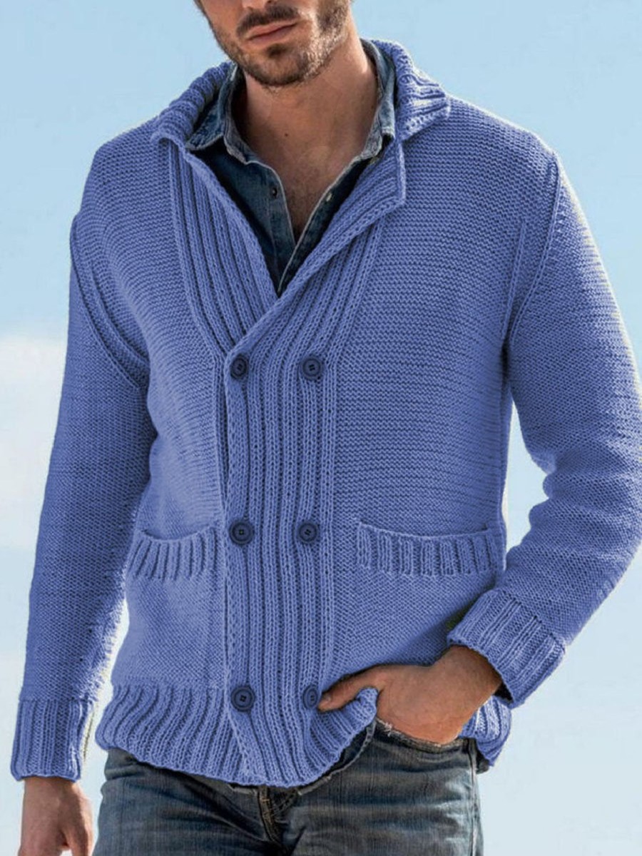 Men DJ Cardigan | Vintage Solid Double Breasted Pocket Lapel Knit Cardigan Blue