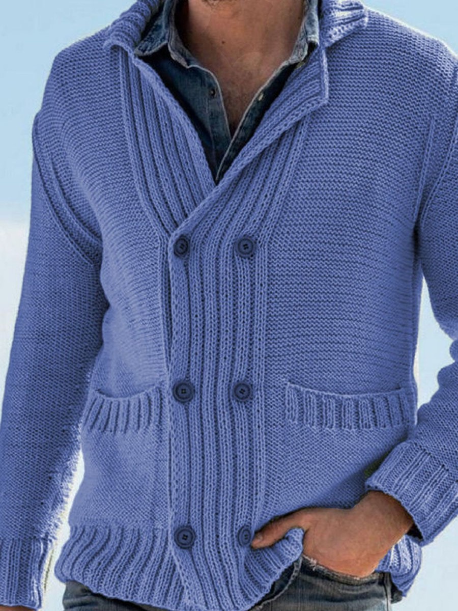 Men DJ Cardigan | Vintage Solid Double Breasted Pocket Lapel Knit Cardigan Blue