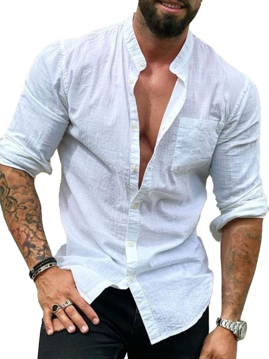 Men DJ Casual Shirts | Single Pocket Button Down Solid Color Casual Long Sleeve Shirt White