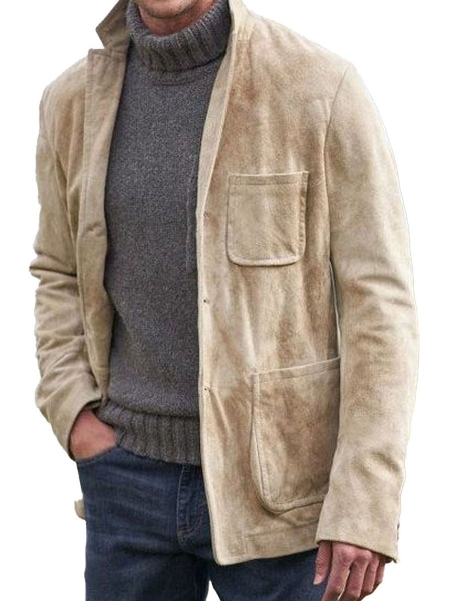 Men DJ Jacket | Lapel 3-Pocket Single-Breasted Suede Casual Blazer Khaki