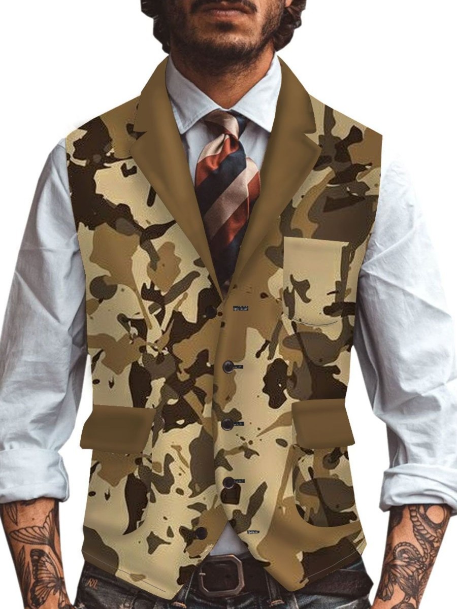 Men DJ Vest | Retro Camouflage Graffiti Print Three-Pocket Lapel Casual Suit Vest Khaki