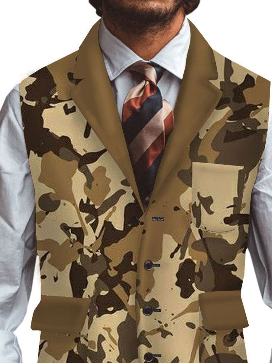 Men DJ Vest | Retro Camouflage Graffiti Print Three-Pocket Lapel Casual Suit Vest Khaki