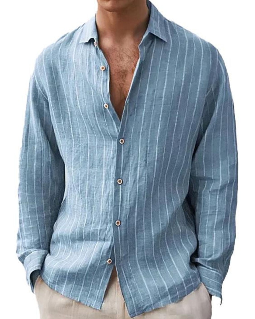 Men DJ Casual Long Sleeve Shirts | Line Lapel Single-Breasted Casual Long-Sleeved Shirt Blue